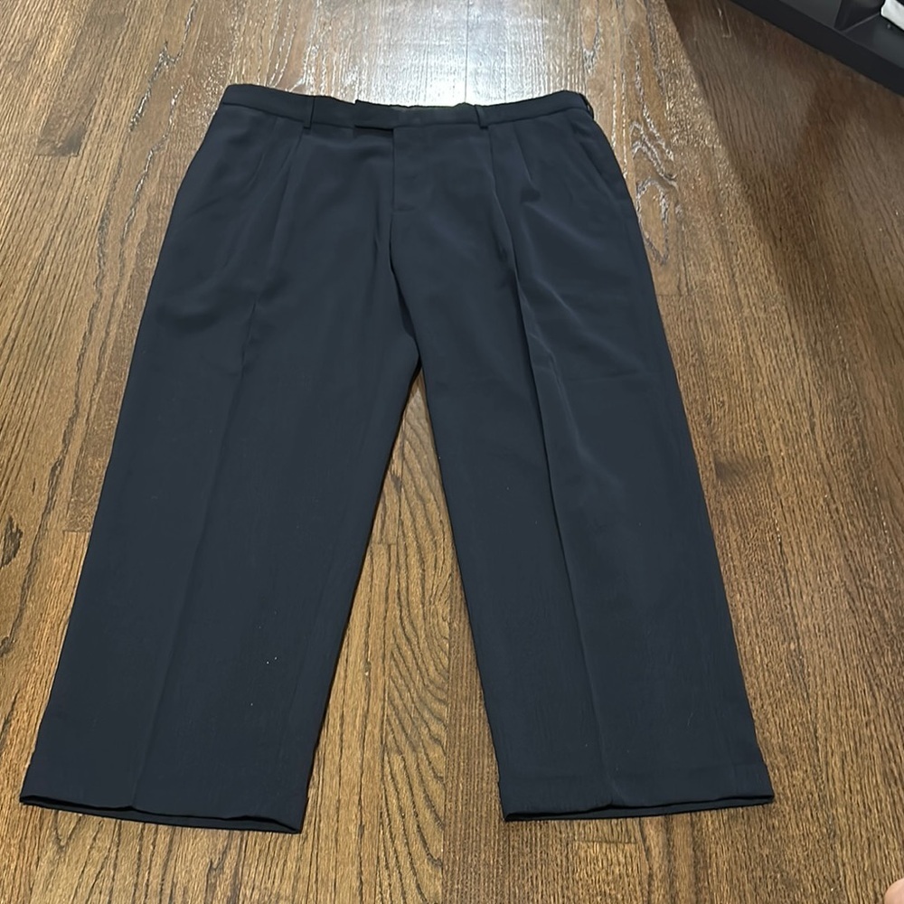 Haggar Men's Navy Blue Strip Cuffed Dress Work Slacks Trousers Pleated Pants